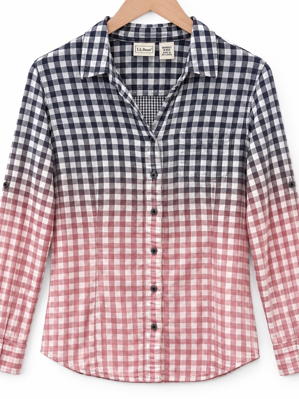 L.L.Bean Gingham Ombré Button Down Shirt Navy Pink Cotton M Regular